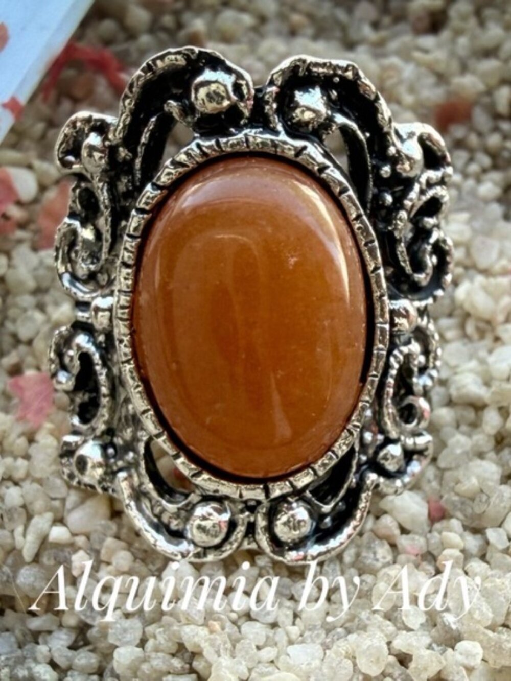 Orange jade Cabochon Silver-Tone Filigree Ring